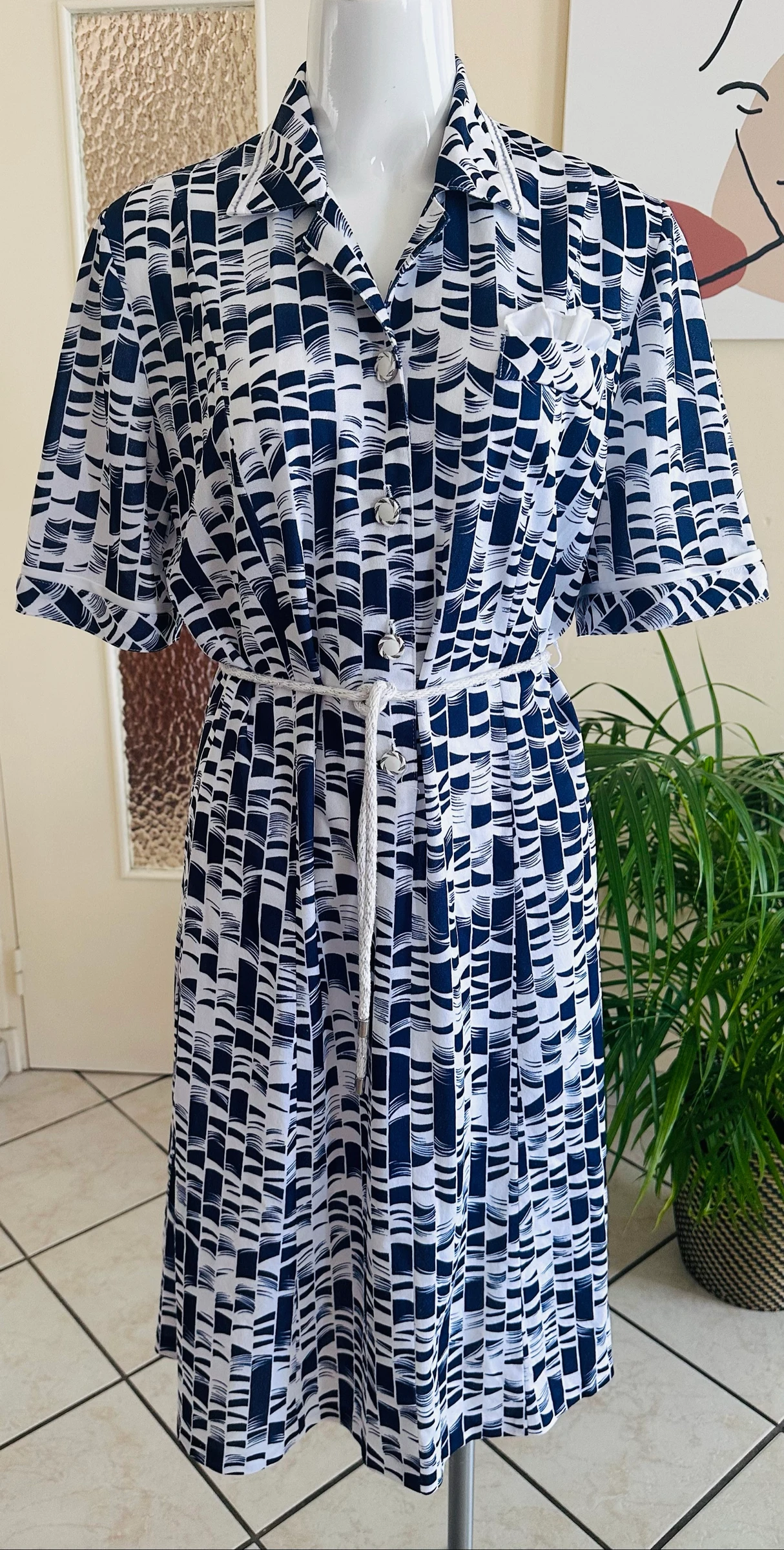 Vintage gebreide jurk marineblauw en wit maat 48/50 – Perfecte staat – photo 6